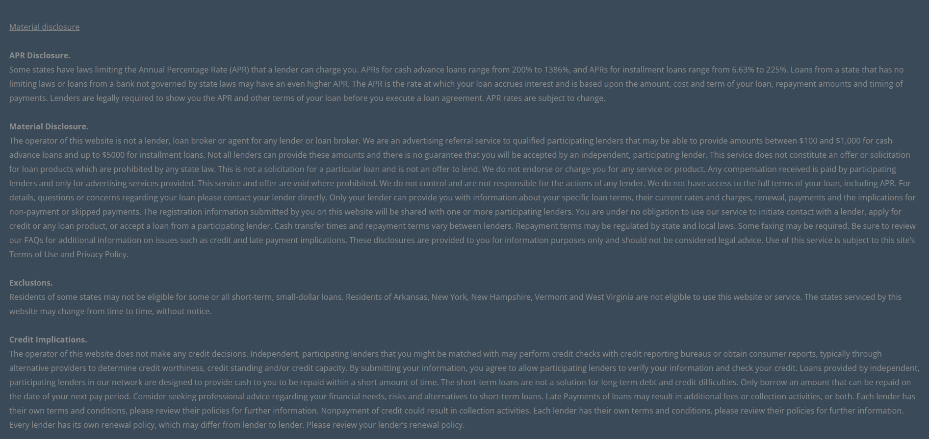 Material disclosure for payday loans in Providence Rhode Island